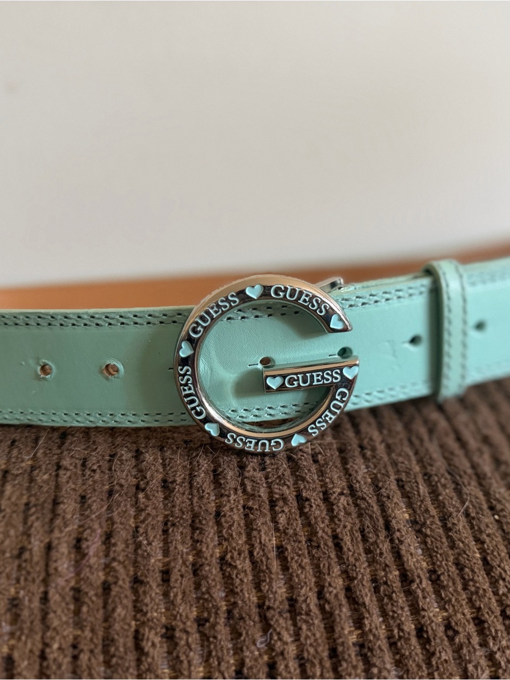 GUESS Mint Green Leather Logo G-Buckle Belt